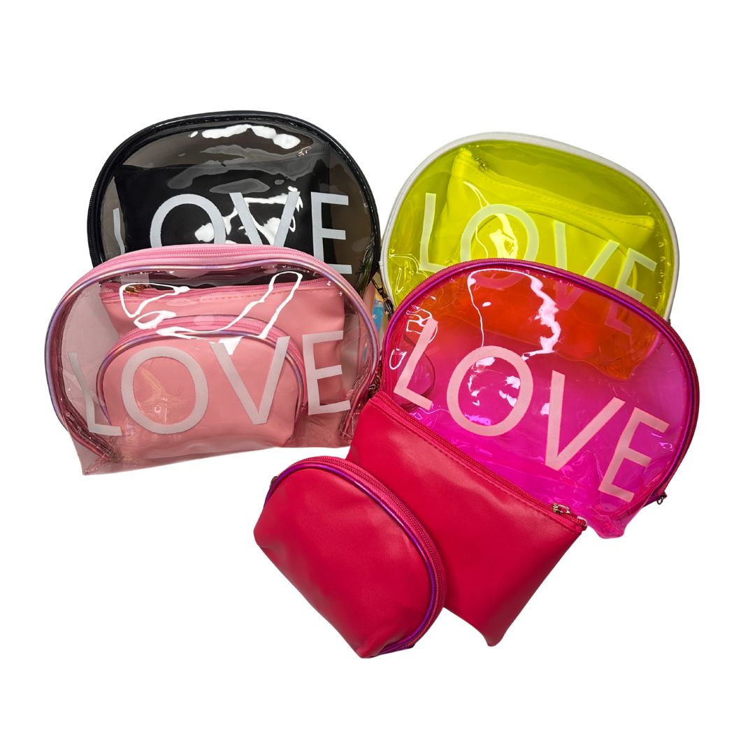 Cosmetiquera Transparent Love set 3 tamaños x 4 Colores