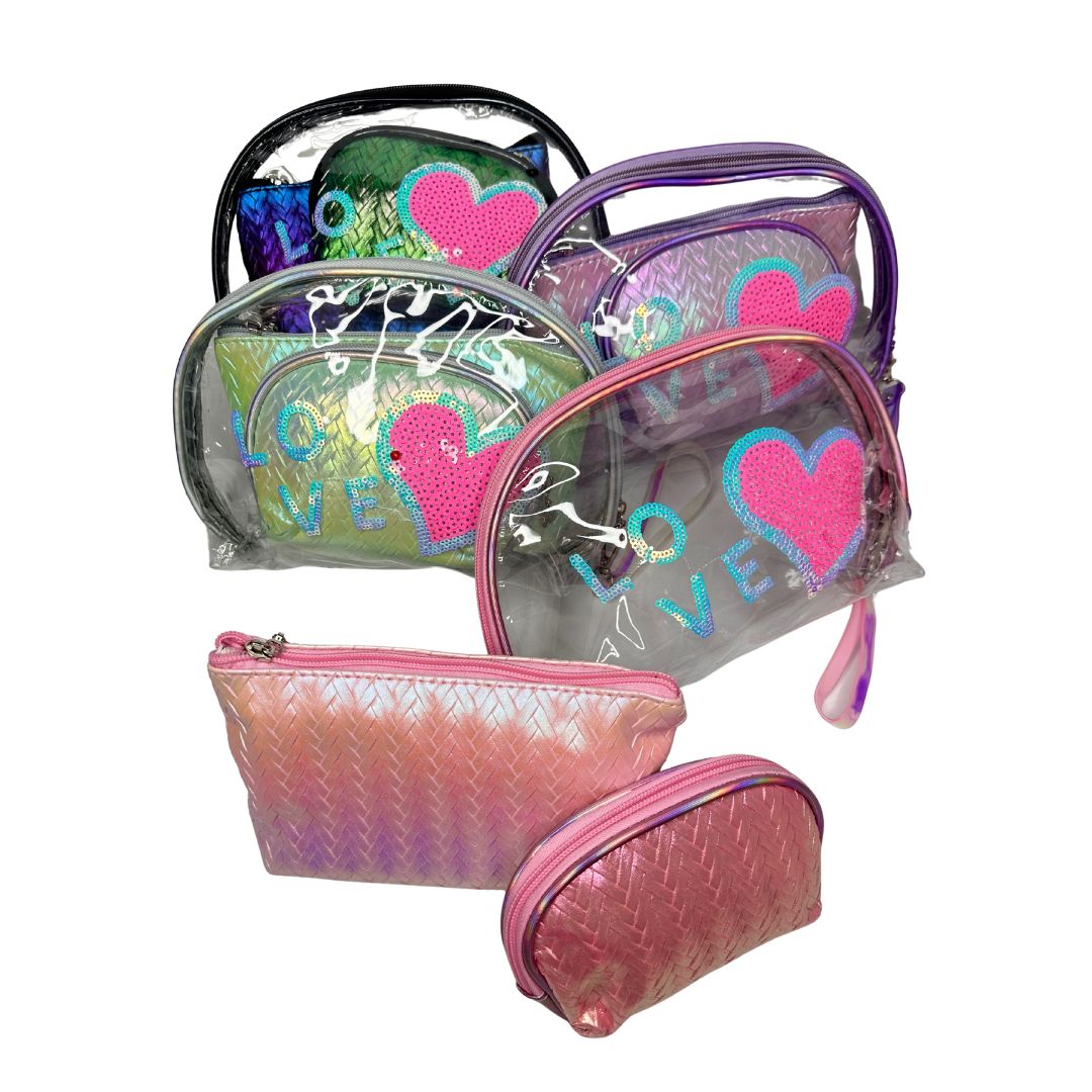 Cosmetiquera Love Shine 3 tamaños set x 4 Colores